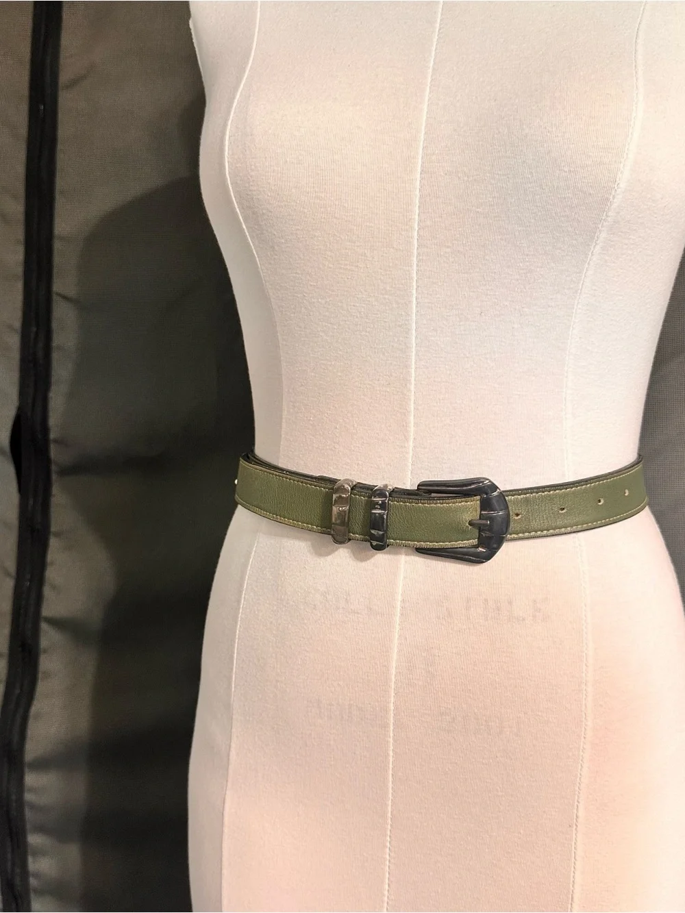 Olive Green Leather Waist Belt with Antiqued Buckle